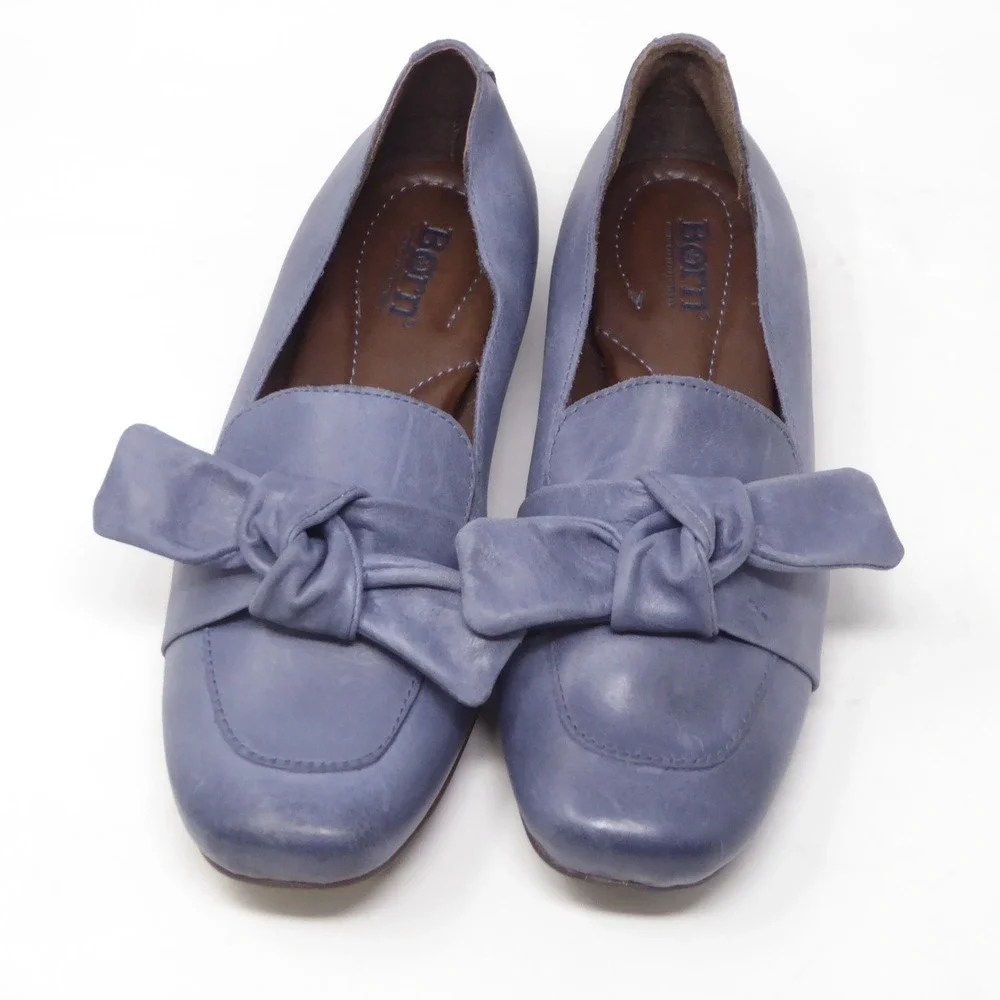 Born Womens Carrine Slip On Loafers Blue Leather Bow Size 7M